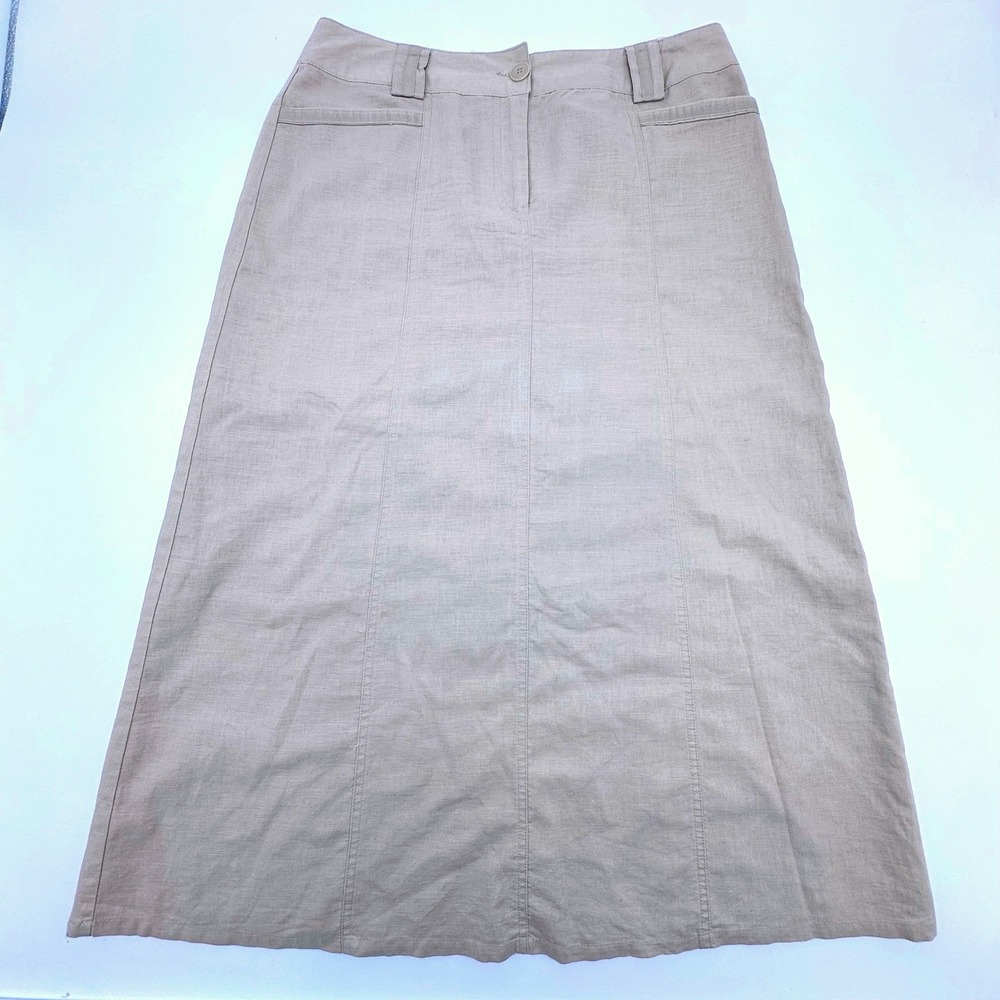 Tan Linen Cotton Blend Maxi Skirt Womens Size 6 Beige A-Line Pockets Safari